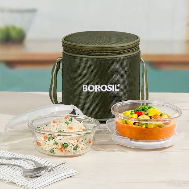 BOROSIL Eateasy Glass Lunchbox, 2pc Set (400ml Each), Microwave Safe, Vertical 2 Containers Lunch Box