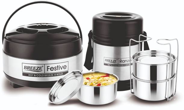 BREEZE Stainless steel gift set(lunch box 750ml and casserole 1100ml) 3 Containers Lunch Box