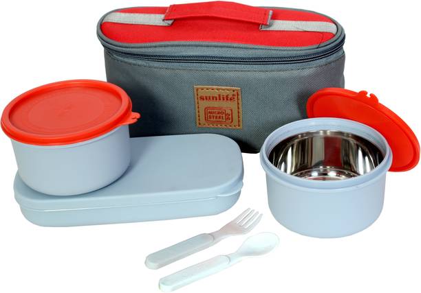 YUIOP - MicroFresh 2+1 Steel Tiffin Box - With 2 Containers, 1 Roti Box, Spoon & Fork 3 Containers Lunch Box