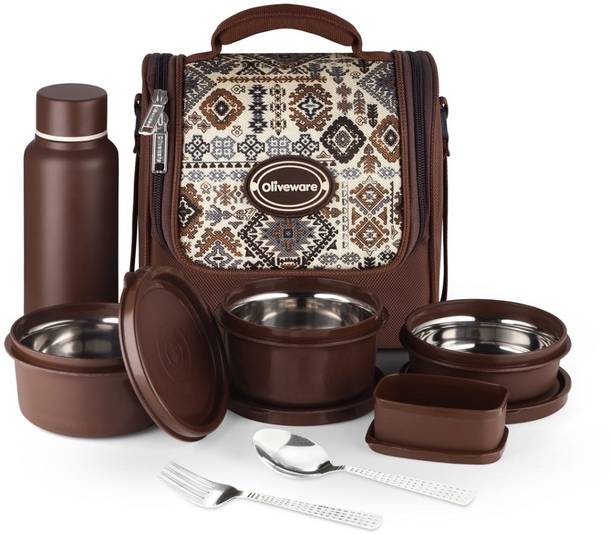 Oliveware set of 4 (1x290ml,Steel Bottle 500ml & cutlery 4 Containers Stainless Steel Office Lunch Box