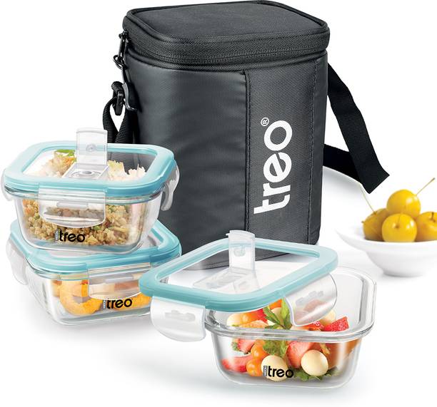 TREO All Weather Square Glass Lunch Box Set of 3, 320ml Each Leakproof Jacket, Black 3 Containers Lunch Box