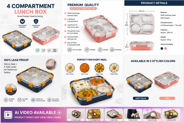 Aaradhyagadgets Insulated Lunch Box 700ml 3 Containers Stainless Steel Office Lunch Box