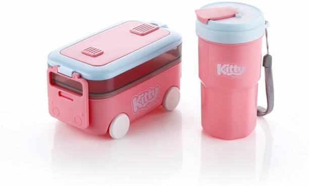 MYTRAZEN Kids Bus Shape Lunch Box with Bottle, Spoon & Fork Leak Resistant Tiffin 2 Containers Plastic School Lunch Box