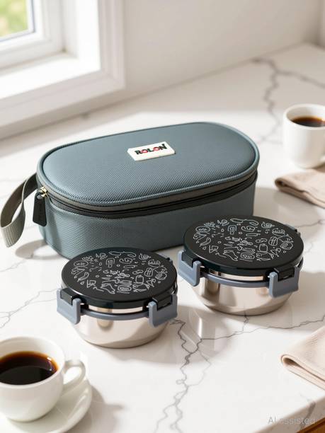 ROLON Lunch Lock 2 | Grey | 2 Airtight Stainless Steel Containers | Insulated Bag 2 Containers Stainless Steel Office Lunch Box