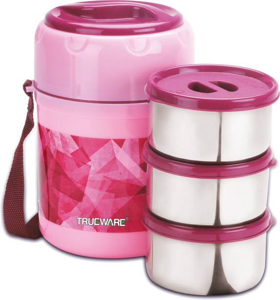 Trueware Fresh Meal Plus 3 Lunch Box with 3 SS Container,300 ml X 3 PU Insulated BPA Free 3 Containers Lunch Box