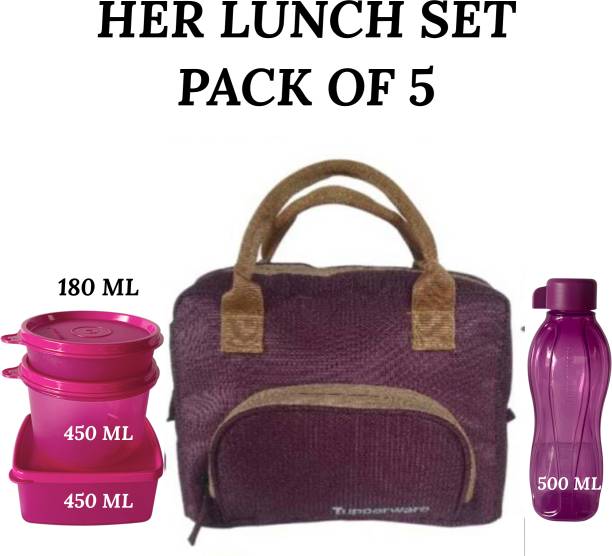 TUPPERWARE Her lunch set 450.450.180.ml bottle 500ml with bag air tight 4 Containers Lunch Box