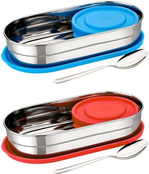 Surya Steel Stainless Steel Oval Lunch Box 2 containers & 1 Spoon For Office 2 Containers Stainless Steel School Lunch Box