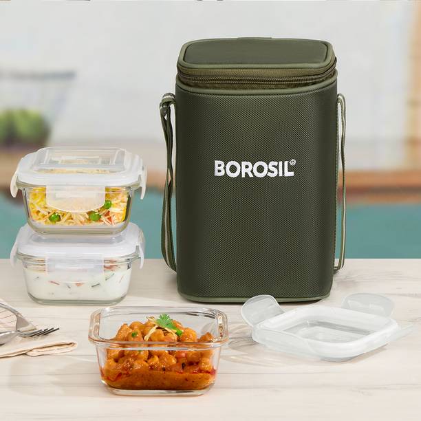 BOROSIL Eateasy Borosilicate Glass Lunchbox, 3 pc Set (320 ml Each), Microwave Safe 3 Containers Lunch Box