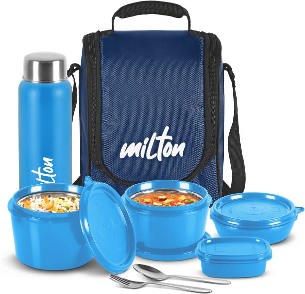MILTON Pro Lunch Box (3 Containers, 1 Chutney Dabba, 1 Bottle, Spoon, Fork), Blue 4 Containers Lunch Box