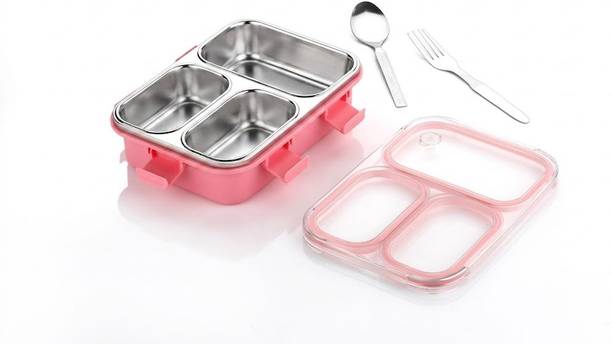PPARUL INDUSTRIES 3 Compartment Stainless Steel Lunch Box 3 Containers Stainless Steel School Lunch Box