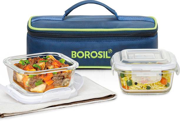 BOROSIL Blue Bag Lunch Box with Bag, 2 Pc (320 ml x 2 Square) Tiifin, Horizontal 2 Containers Lunch Box