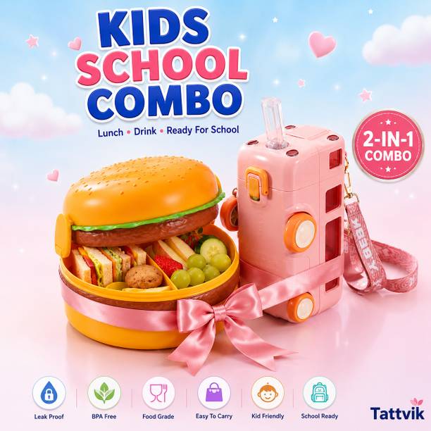 Tattvik Kids School Combo Lunch Set [ 1 x burger lunch box , 1 x bus shape water bottle] 3 Containers Plastic School Lunch Box