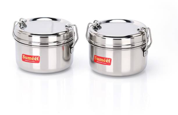 Sumeet Stainless Steel Meal Pack Tiffin with Steel Separator Plate & Locking Clip,9.5cm 2 Containers Lunch Box