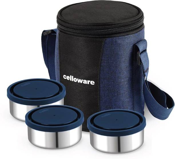 cello MF Meal Station Stainless Steel Set of 3 x 300ml Round Containers with Bag, Blue 3 Containers Stainless Steel Office Lunch Box