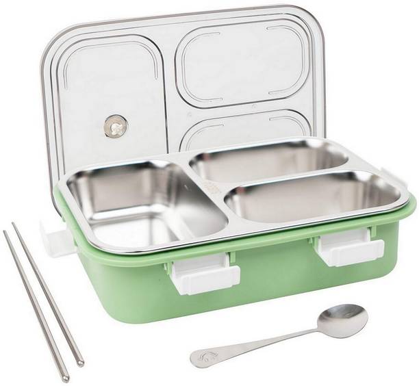 HM EVOTEK Stainless Steel 3 Compartment Lunch Box with Chopstick & Spoon Lid for School E4 3 Containers Lunch Box