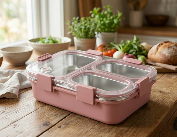 VSELL Lunch Box for Kids Compartment Insulated Stainless Steel Tiffin Box 3 Containers Stainless Steel, Plastic Office Lunch Box