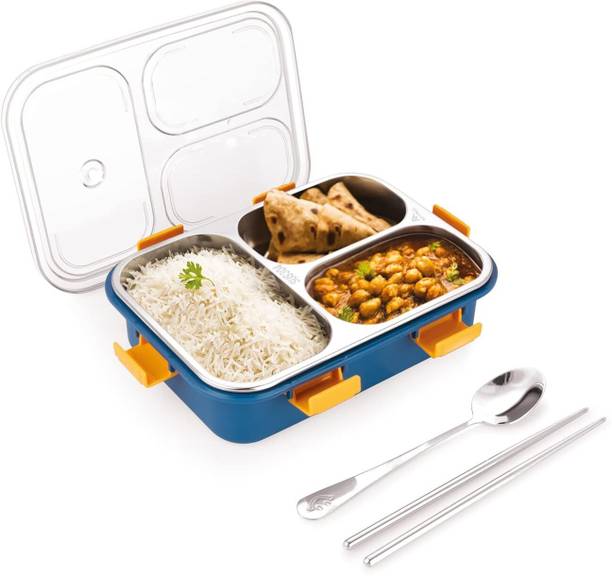 NAIRO Lunch Box with Steel Cutlery Inside, Heating & Water Insulation blue colour with 3 Containers Lunch Box