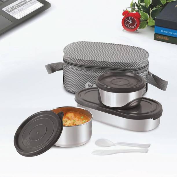cello Bite Buddy Deluxe SS 2 x Container, 500ml Oval Container & Spoon Fork Set, Grey 3 Containers Stainless Steel Office Lunch Box