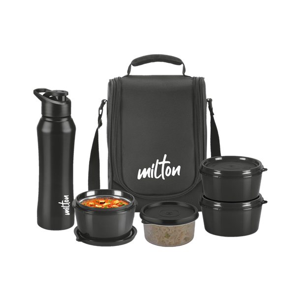 MILTON Food Fiesta 3 Microwave Safe Inner Steel & 1 Plastic Containers; Bottle With Bag 4 Containers Stainless Steel, Plastic Office Lunch Box