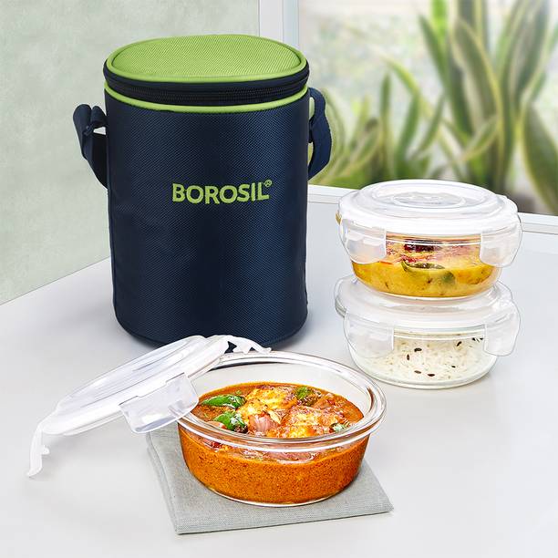 BOROSIL Alfa Green Lunch Box Set of 3 (400 ml Each), Round, Microwave Safe Tiffin 3 Containers Lunch Box