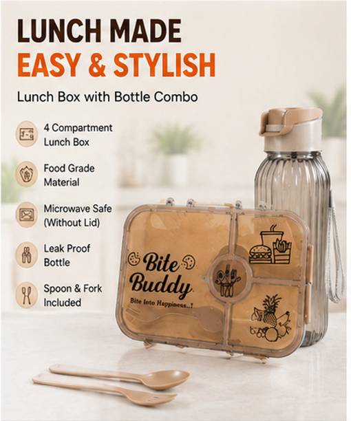 Xupirior BiteBuddy 4 Compartment Lunch Box with Water Bottle 1 Containers Plasti