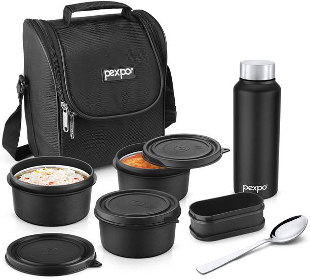 pexpo Steel Meal Ultra with Containers (3*350ml), 1 Pickle Box, Bottle(750ml), & Spoon 3 Containers Lunch Box