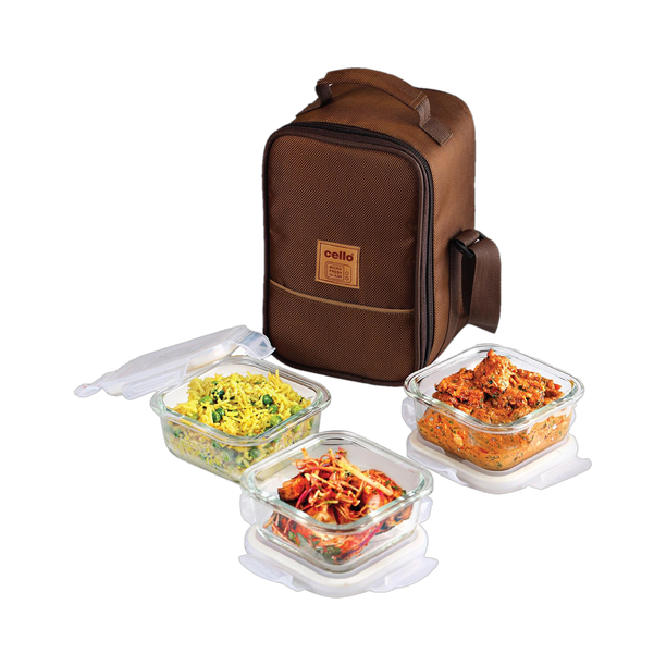 cello MF Glassy Seal O Fresh Square Borosilicate 3 Containers Glass Office Lunch Box
