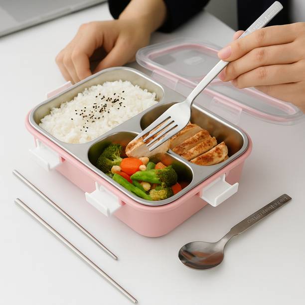 JIVEEX 3 Compartment Stainless Steel LunchBox |LeakProof |With Spoon,Fork & Chopsticks 3 Containers Stainless Steel, Plastic Office Lunch Box