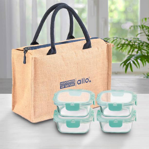 अलो FoodSafe Glass Lunch Box,Microwave Safe Tiffin with Beinge Lunch Bag, 4 कंटेनर लंच बॉक्स