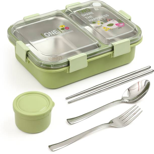 NAVTAN Happiness Bento 2 Section Stainless Steel Lunch Box With Spoon & Chopsticks 2 Containers Stainless Steel Office Lunch Box