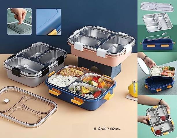 अर्बनहुडा Lunch Box for Kids 3Compartment Stainless Steel Tiffin Box (Random Color) 3 कंटेनर लंच बॉक्स