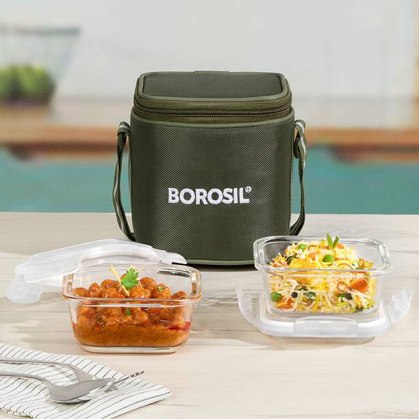 BOROSIL Eateasy Borosilicate Glass Lunchbox, 2pc Set (320 ml), Microwave Safe, Vertical 2 Containers Lunch Box