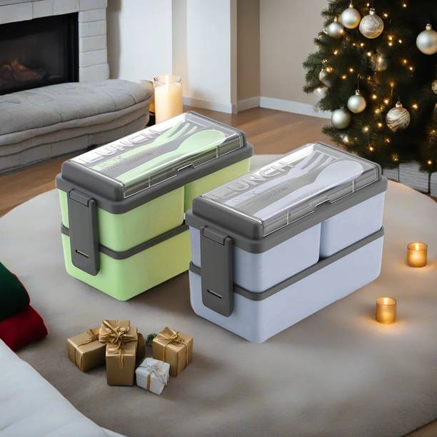 पोर्स्लिन Combo of 2 Grey and Pista Lunch Box with Spoon and Fork Office School Collage 6 कंटेनर लंच बॉक्स