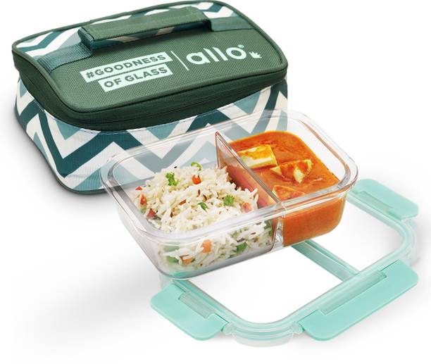 अलो FoodSafe Glass Lunch Box,Microwave Safe Tiffin with Chevron Teal Lunch Bag, 1 कंटेनर लंच बॉक्स