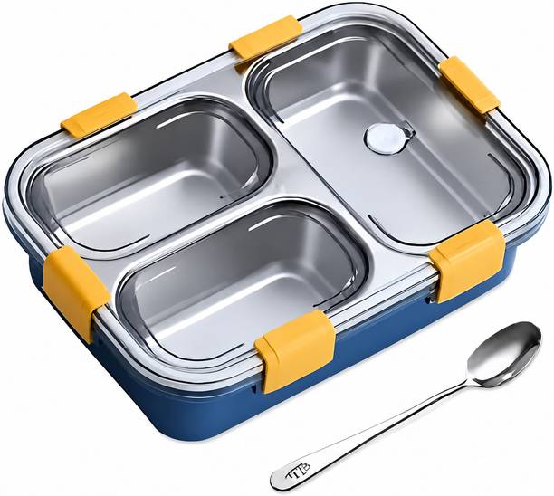 HKC HOUSE Leak Proof with 1 Spoon 3 Containers Stainless Steel, Plastic School Lunch Box