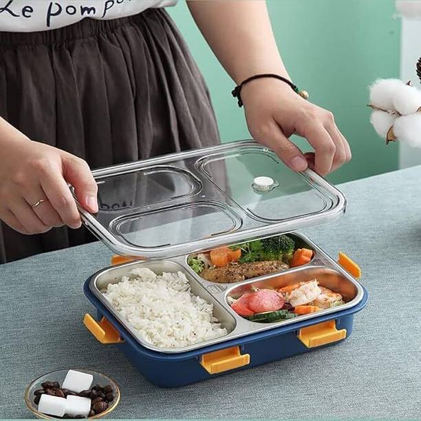 PLASTIZONE Leak Proof Insulated 3 Compartment Stainless Steel & Plastic Bento Lunch Box 3 Containers Lunch Box