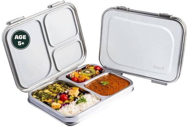 BASIL Bento Box - Lunch Box for Kids| Stainless Steel| Leak Proof| - Grey 3 Containers Stainless Steel Office Lunch Box