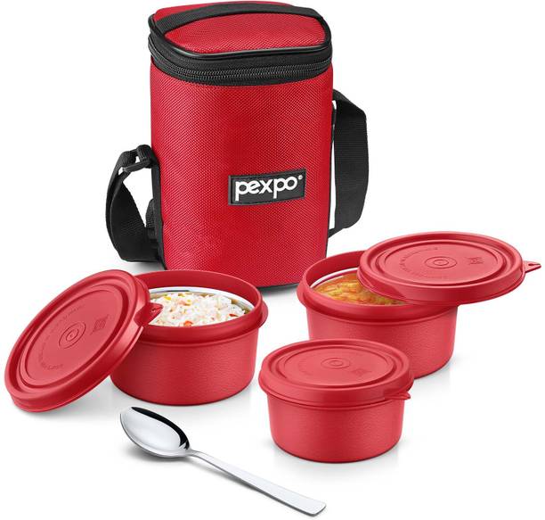 pexpo Steel Micro Pro Lunch Box Red Bag with Microwave safe Red container, 1 Spoon 3 Containers Lunch Box