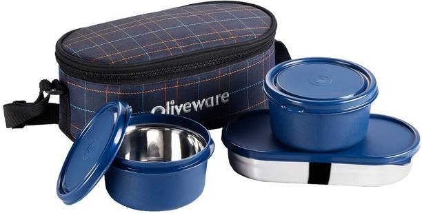 ओलिववेयर Hazel Lunch Box | 3 Stainless Steel Containers | Insulated Fabric Bag 3 कंटेनर लंच बॉक्स