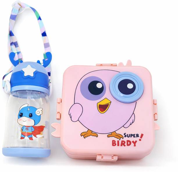 Henxhub Kids Cartoon Lunch Box Combo Set with Water Bottle, Spoon & Fork 3 Containers Plastic School Lunch Box