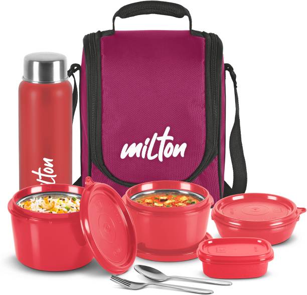 MILTON Pro Lunch Box (3 Containers, 1 Chutney Dabba, 1 Bottle, Spoon, Fork), Maroon 4 Containers Lunch Box