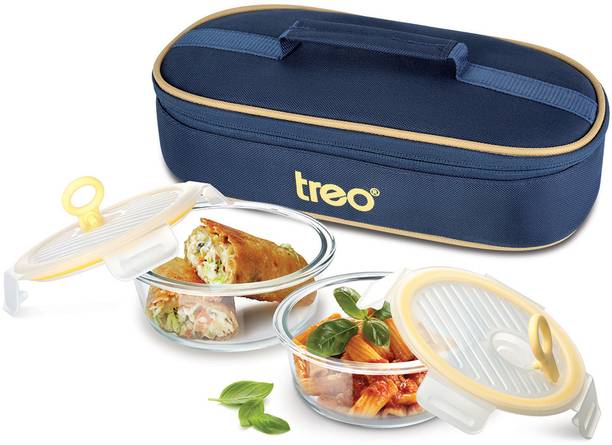TREO All Fresh Glass Tiffin Set of 2, 400ml Each | Leakproof | Microwave & Oven Safe 2 Containers Lunch Box
