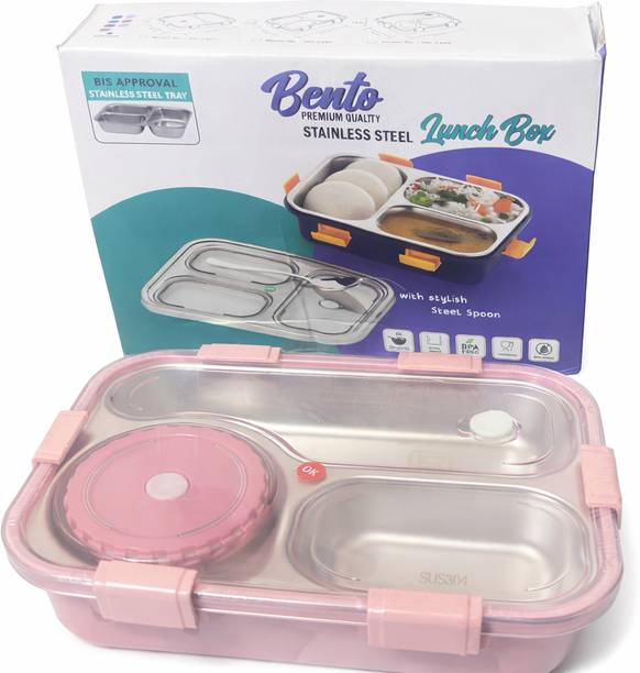 Kidoodle Bento Stainless Steel Lunch Box with Steel Spoon any color -3 Compartments) 3 Containers Stainless Steel Office Lunch Box