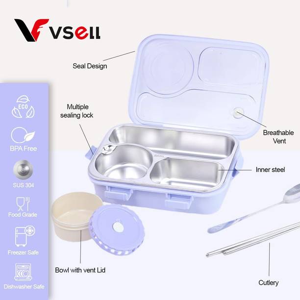 VSELL Lunch Box 3 Compartment Leakproof, Stainless Steel, With Chopstick 3 Containers Lunch Box