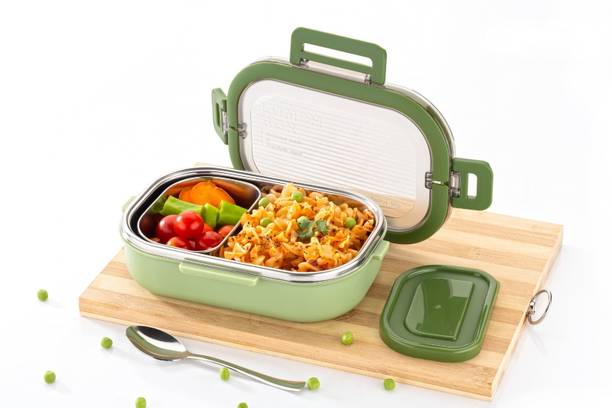 AK10ZONE New Steel Delicious 2 Container Lunch Box With Steel Spoon Carry Handle 2 Containers Lunch Box