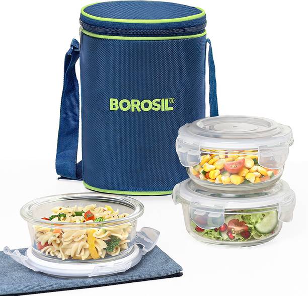 BOROSIL Blue Bag Lunch Box with Bag, 3 Pc (400 ml x 2 Round) Tiifin, Vertical 3 Containers Lunch Box