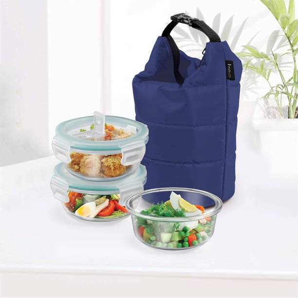 MILTON Swag Borosilicate Round Tiffin Box, 380 ml, Set of 3 3 Containers Glass School Lunch Box