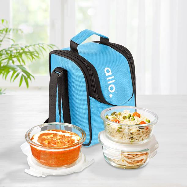 Allo FoodSafe Glass Lunch Box,Microwave Safe Tiffin with Sky Blue Lunch Bag, 3 Containers Lunch Box