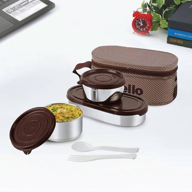 cello Bite Buddy Deluxe SS 2 x Container, 500ml Oval Container & Spoon Fork Set, Brown 3 Containers Stainless Steel Office Lunch Box