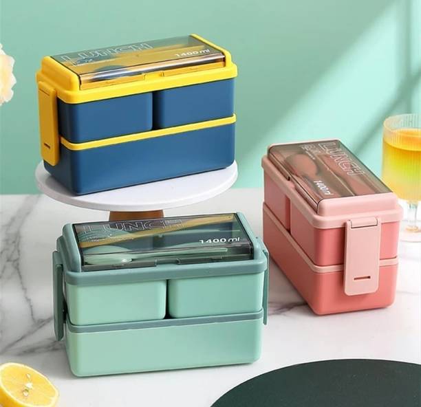 Terafikat Premium Double Decker Lunch Box with Spoon & Fork 3 Containers Plastic Office Lunch Box